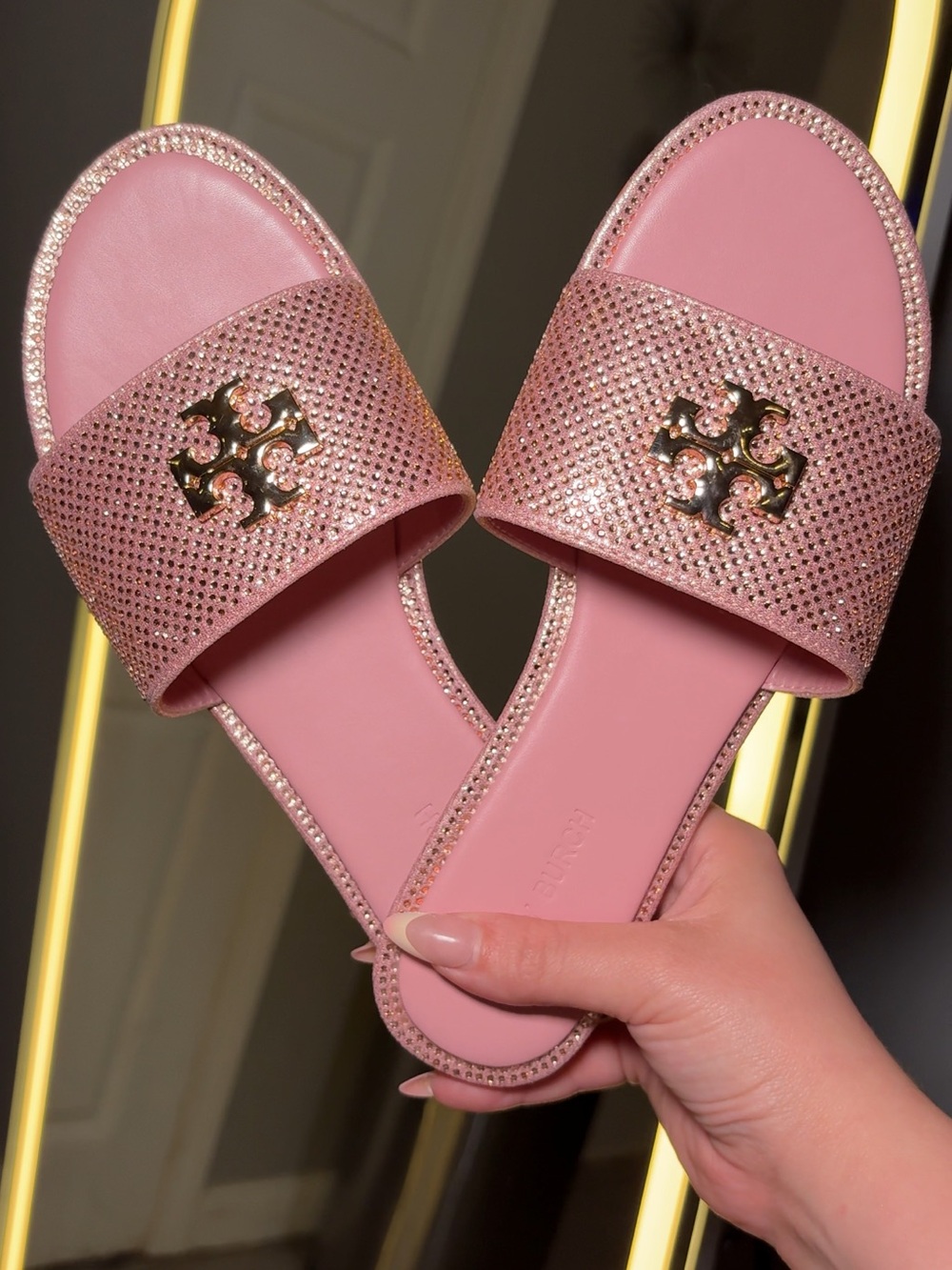 Tory Burch Rose Pink Crystal Logo Slide Sandals